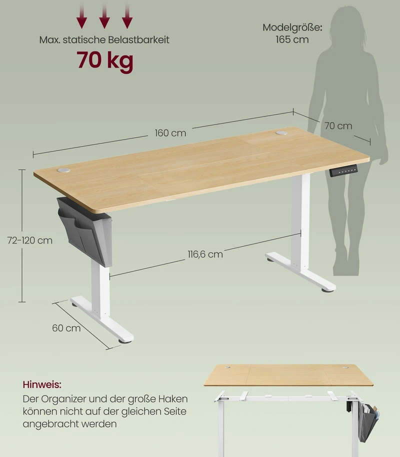Songmics Elektra reguliuojamo aukščio rašomasis stalas, 160 x 70 cm, aukso ąžuolo spalvos
