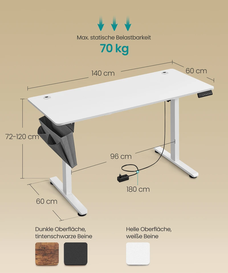 Koduva Elektra reguliuojamo aukščio rašomasis stalas, 60 x 140 x 72–120 cm, baltas