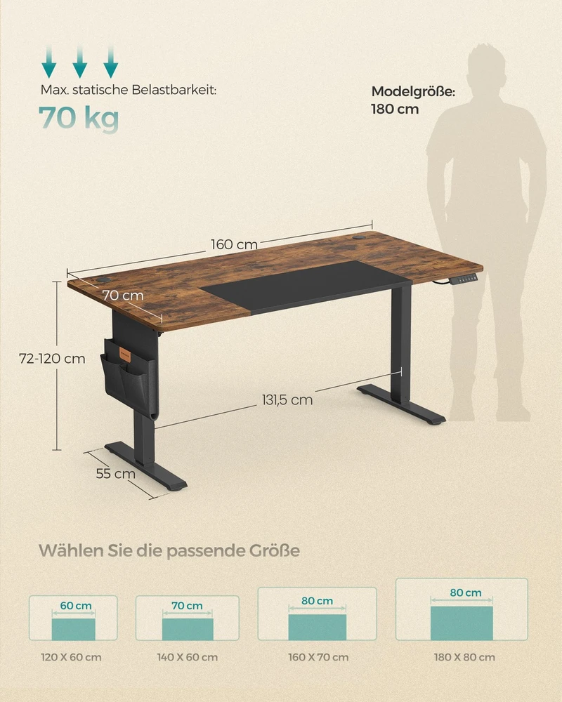 Songmics Elektra reguliuojamo aukščio rašomasis stalas, 70 x 160 x 72–120 cm, rudas