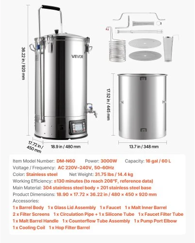 VEVOR Elektrinė alaus virimo sistema DM-N60, 60 l, 3000 W, nerūdijančio plieno, 48 x 45 x 92 cm