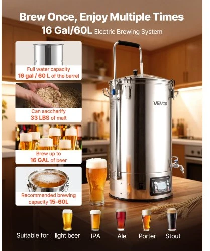VEVOR Elektrinė alaus virimo sistema DM-N60, 60 l, 3000 W, nerūdijančio plieno, 48 x 45 x 92 cm