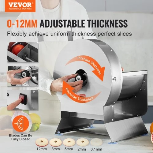 VEVOR Elektrinė daržovių pjaustyklė SL-08, reguliuojamas storis 0-12 mm, nerūdijantis plienas, 120 W