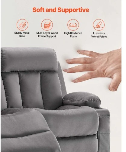 VEVOR Elektrinė dvivietė atlošiama sofa A1505-2DLR, aksominis audinys, pilka, 90 x 166 x 87 cm
