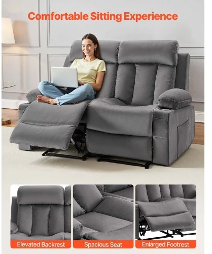VEVOR Elektrinė dvivietė atlošiama sofa A1505-2DLR, aksominis audinys, pilka, 90 x 166 x 87 cm