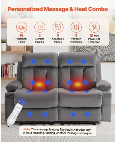 VEVOR Elektrinė dvivietė atlošiama sofa A1505-2DLR, aksominis audinys, pilka, 90 x 166 x 87 cm