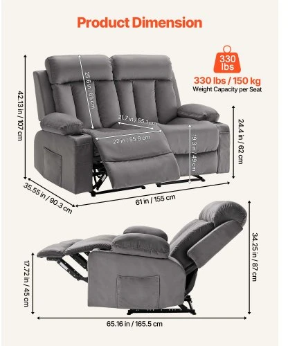 VEVOR Elektrinė dvivietė atlošiama sofa A1505-2DLR, aksominis audinys, pilka, 90 x 166 x 87 cm