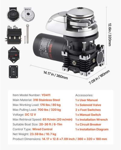VEVOR Elektrinė inkarinė gervė YD411, 12 V DC, 600 W, 316 nerūdijantis plienas, valtims 6-11 m