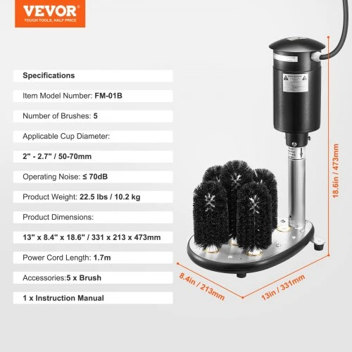 VEVOR Elektrinė stiklinių plovimo mašina FM-01B, 5 šepečiai, 33 x 21 x 47 cm