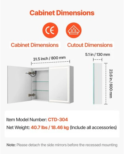 VEVOR Elektrinė vaistinėlė su veidrodžiu CTD-304, LED, tvirtinama prie sienos, 60 x 80 cm