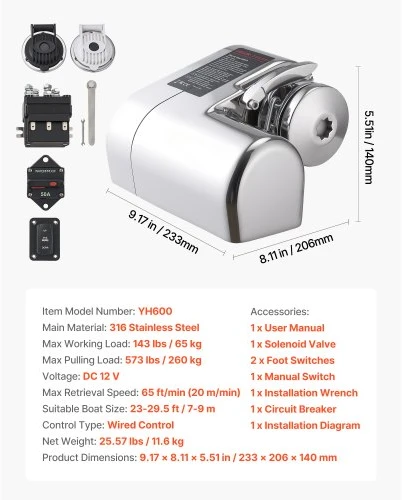 VEVOR Elektrinė valties gervė YH600, 12 V DC, 600 W, 316 nerūdijantis plienas, 260 kg, valtims 7-9 m