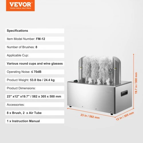VEVOR Elektrinė vyno taurių poliravimo mašina FM-12, 8 šepečiai, 660 puodelių/val., 58 x 31 x 50 cm