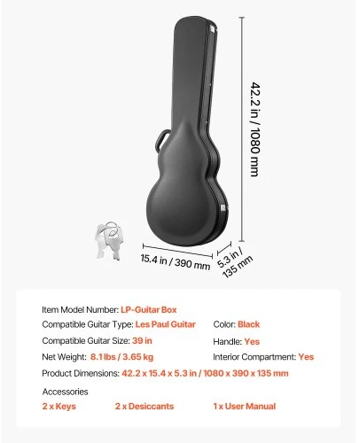 VEVOR Elektrinės gitaros kietas dėklas, 108 cm, medinis, juodas, skirtas 991 mm Les Paul gitaroms