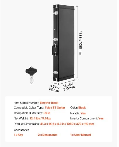 VEVOR Elektrinės gitaros kietasis dėklas, medinis, juodas, 111 x 42 x 13 cm, skirtas 99 cm Tele/ST gitaroms