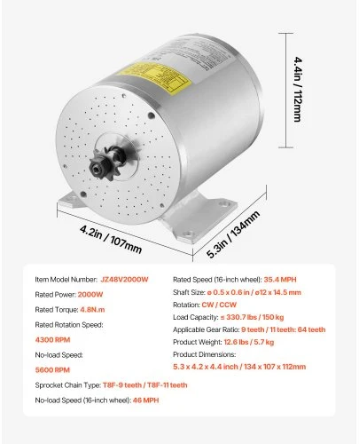 VEVOR Elektrinio bešepetėlio DC variklio komplektas JZ48V2000W, 48 V, 2000 W, 4300 RPM
