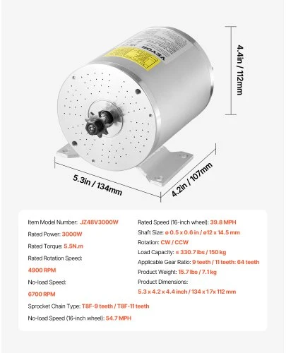 VEVOR Elektrinio bešepetėlio DC variklio rinkinys JZ72V3000W, 3000 W, 72 V, 4900 rpm