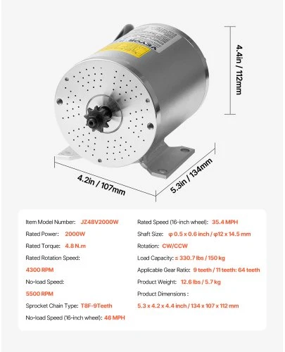 VEVOR Elektrinio bešepetėlio DC variklio rinkinys JZ48V2000W, 48V, 2000W, 4300 RPM