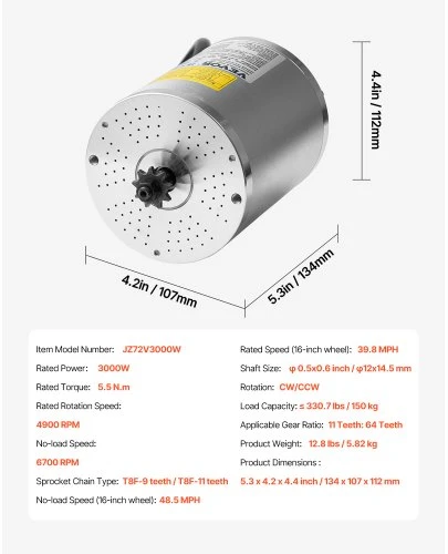VEVOR Elektrinio bešepetėlio nuolatinės srovės variklio rinkinys JZ72V3000W, 72 V, 3000 W, 4900 aps./min.