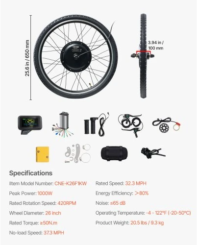 VEVOR Elektrinio dviračio konversijos rinkinys CNE-K26F1KW, 1000 W, 48 V, priekinis 66 cm ratas