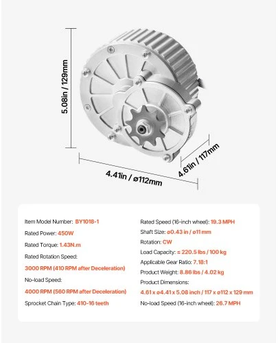 VEVOR Elektrinio dviračio variklio komplektas BY1018-1, 450 W, 36 V, 3000 rpm