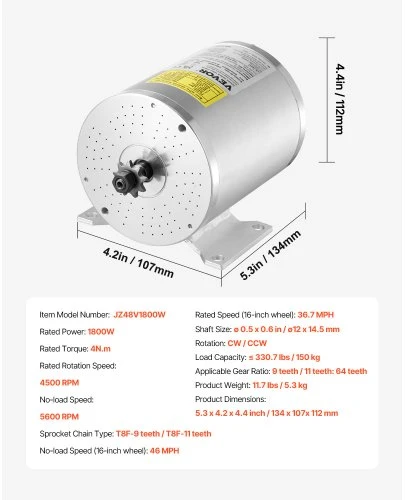 VEVOR Elektrinio dviračio variklio rinkinys JZ48V1800W, 1800 W, 48 V, 4500 aps./min.