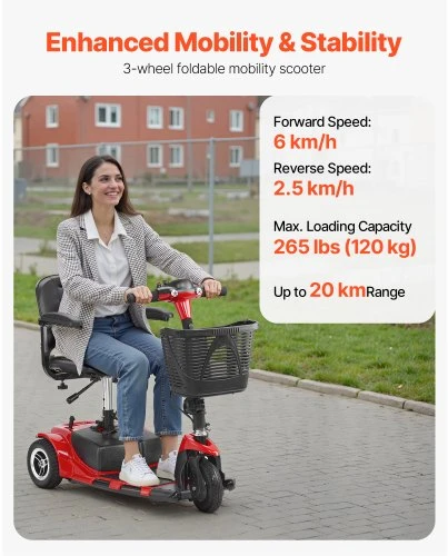 VEVOR Elektrinis 3 ratų mobilumo paspirtukas W3331, sulankstomas, raudonas / juodas, iki 20 km, 94 x 50 x 84 cm