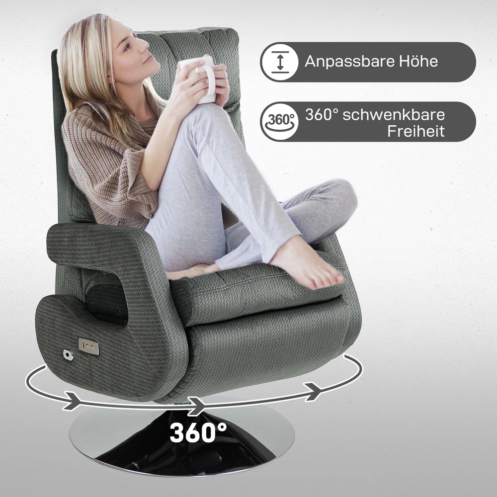 Aosom Elektrinis atlošiamas fotelis su USB jungtimi ir kojų atrama, aksomo išvaizda, sukamas, reguliuojamas, tamsiai pilkas