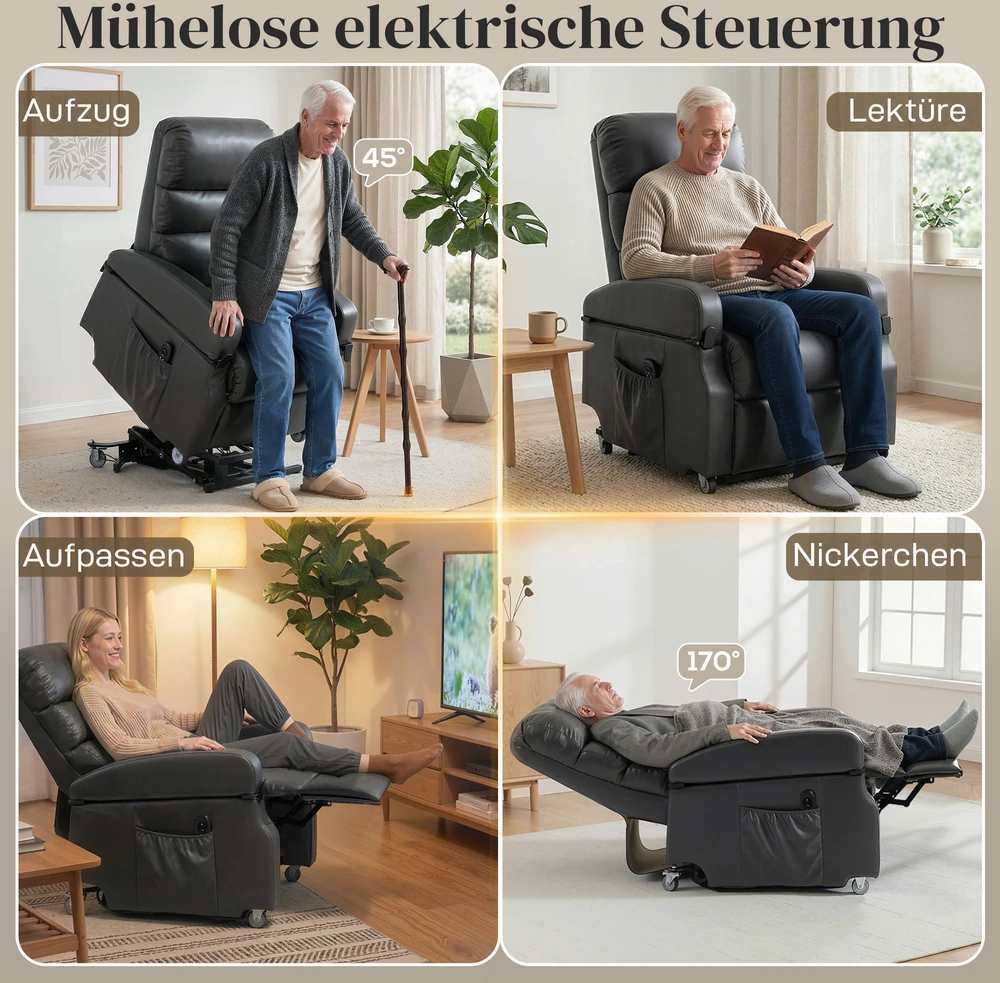 Aosom Elektrinis atlošiamas krėslas su pakėlimo funkcija, tamsiai pilkas, 120 kg