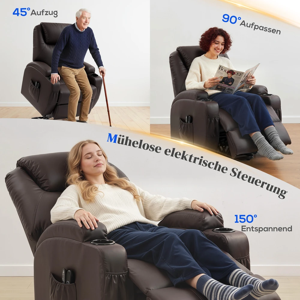 Fotelis Aosom Elektrinis atlošiamas krėslas su pakėlimo funkcija, tamsiai rudas, iki 135 kg