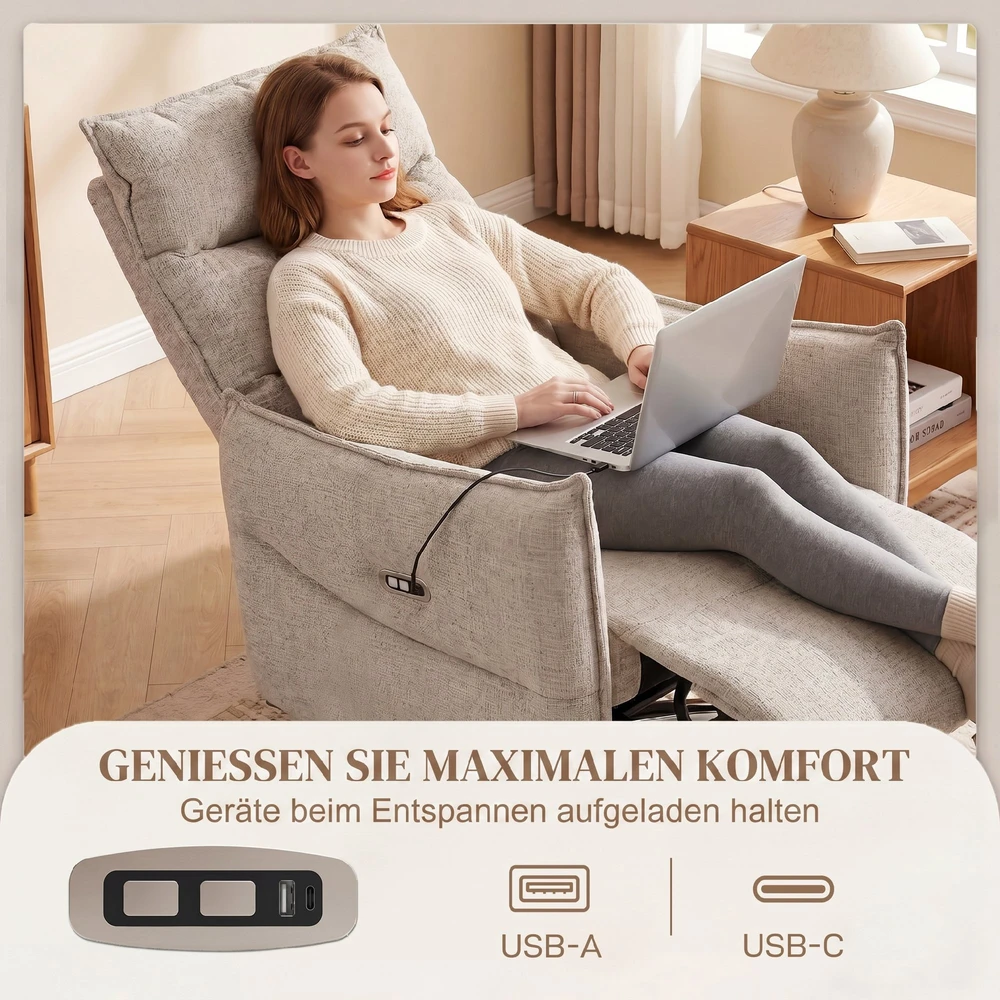 Fotelis Aosom Elektrinis atlošiamas krėslas, sukinamas, smėlio spalvos, 150 kg, su USB-A ir USB-C įkrovimo jungtimis