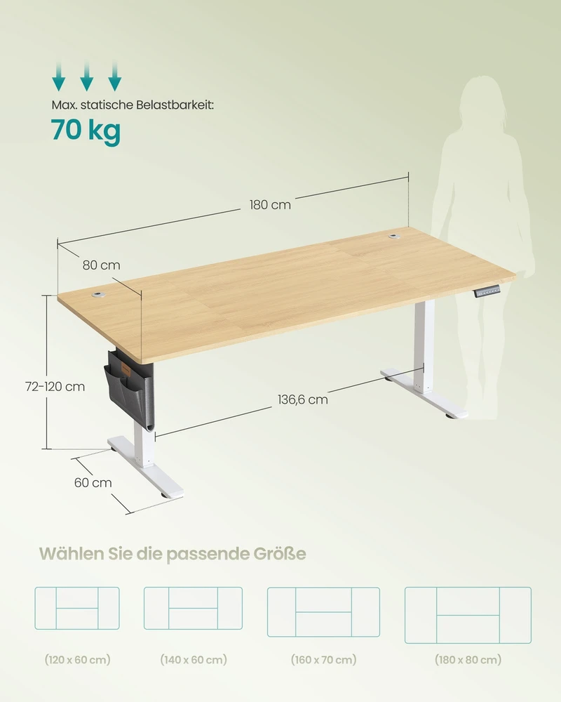 Koduva Elektrinis aukščio reguliuojamas rašomasis stalas, 180 x 80 x 72–120 cm, aukso ąžuolo spalvos