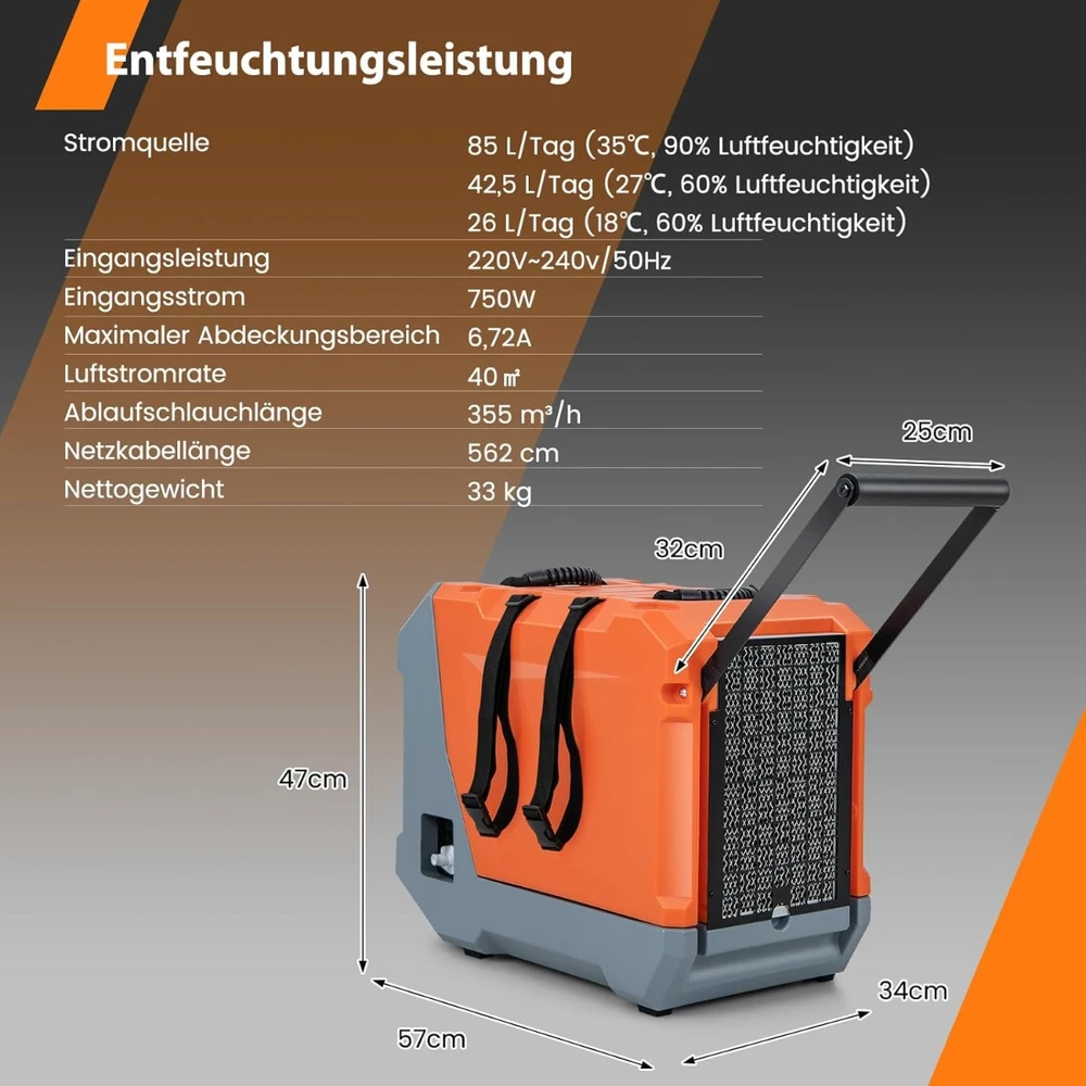 Sausintuvas Promotion Elektrinis drėgmės surinktuvas su žarna 85L/d, oranžinis