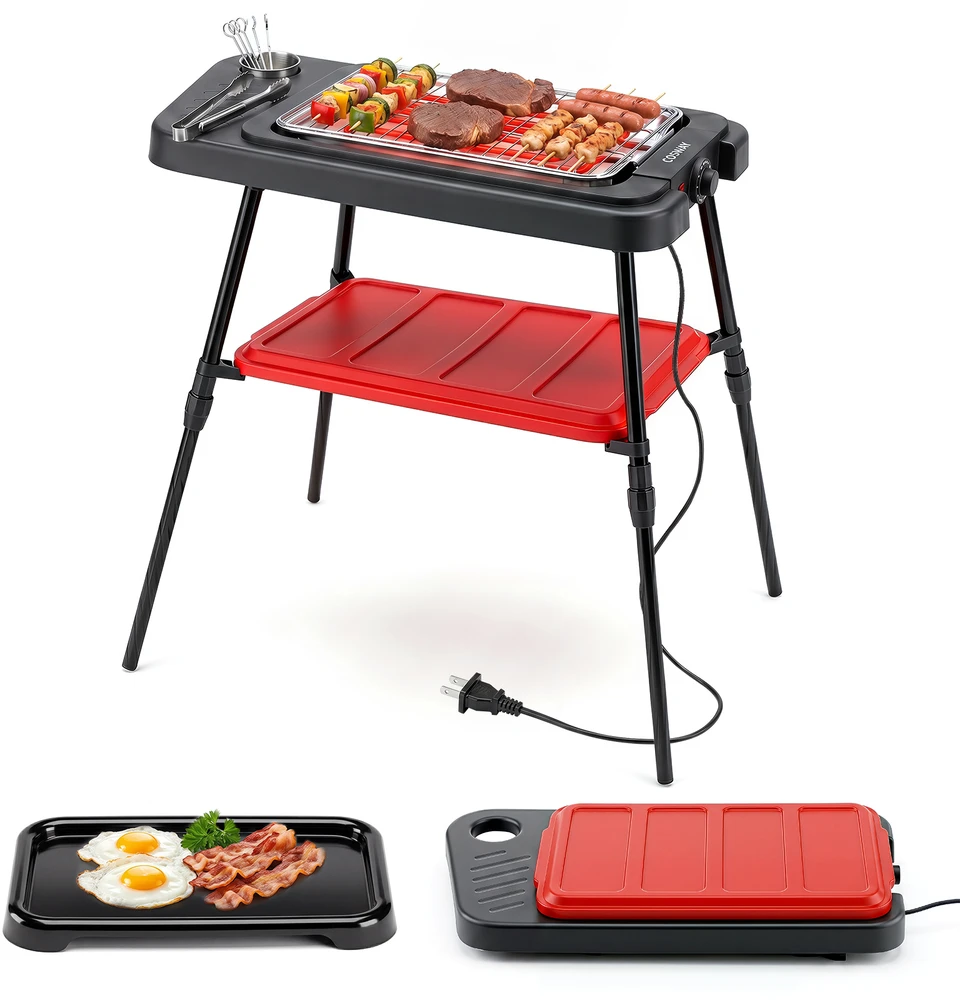 Promotion Elektrinis grilis 2-in-1, 2000 W, nešiojamas, reguliuojamo aukščio, juodas ir raudonas