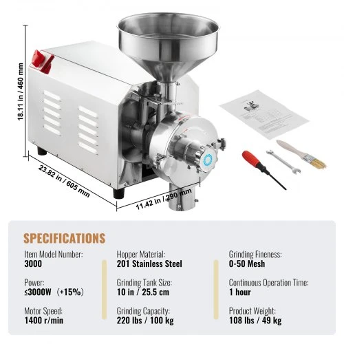 Koduva Elektrinis grūdų malūnas VEVOR 3000, 3000 W, 100 kg/h, nerūdijantis plienas, 61 x 29 x 46 cm