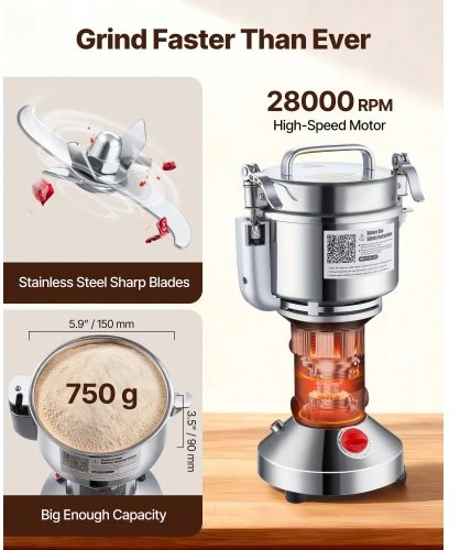Koduva Elektrinis grūdų malūnėlis VEVOR HC-750, 2000 W, 750 g, nerūdijantis plienas