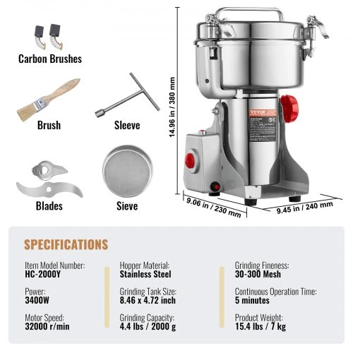 VEVOR Elektrinis grūdų malūnėlis HC-2000Y, 3400 W, 2000 g, nerūdijantis plienas