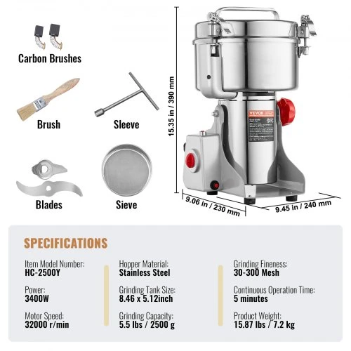 Koduva Elektrinis grūdų malūnėlis VEVOR HC-2500Y, 2500 g, 3400 W, nerūdijantis plienas, sūpuoklinio tipo