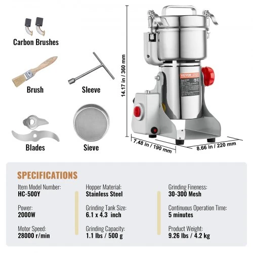 Koduva Elektrinis grūdų malūnėlis VEVOR HC-500Y, 2000 W, 500g, nerūdijantis plienas, sūpuoklinio tipo