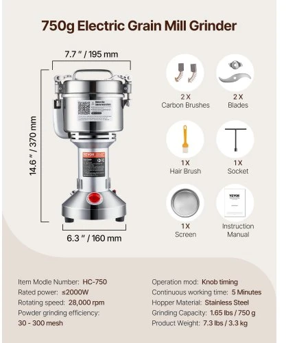 Koduva Elektrinis grūdų malūnėlis VEVOR HC-750, 2000 W, 750 g, nerūdijantis plienas