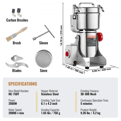 Koduva Elektrinis grūdų malūnėlis VEVOR HC-750Y, 2000 W, 750 g, nerūdijantis plienas, sūpuoklinio tipo