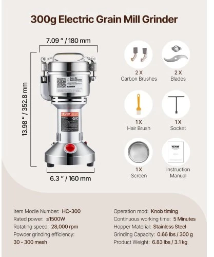 Koduva Elektrinis grūdų malūnėlis VEVOR HC-300, 1500 W, 300g, nerūdijantis plienas, 18 x 16 x 35,5 cm