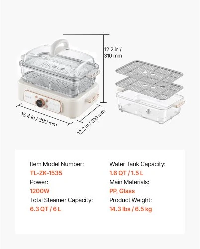 VEVOR Elektrinis maisto garintuvas TL-ZK-1535, 6 l, 2 aukštų, stiklinis, baltas