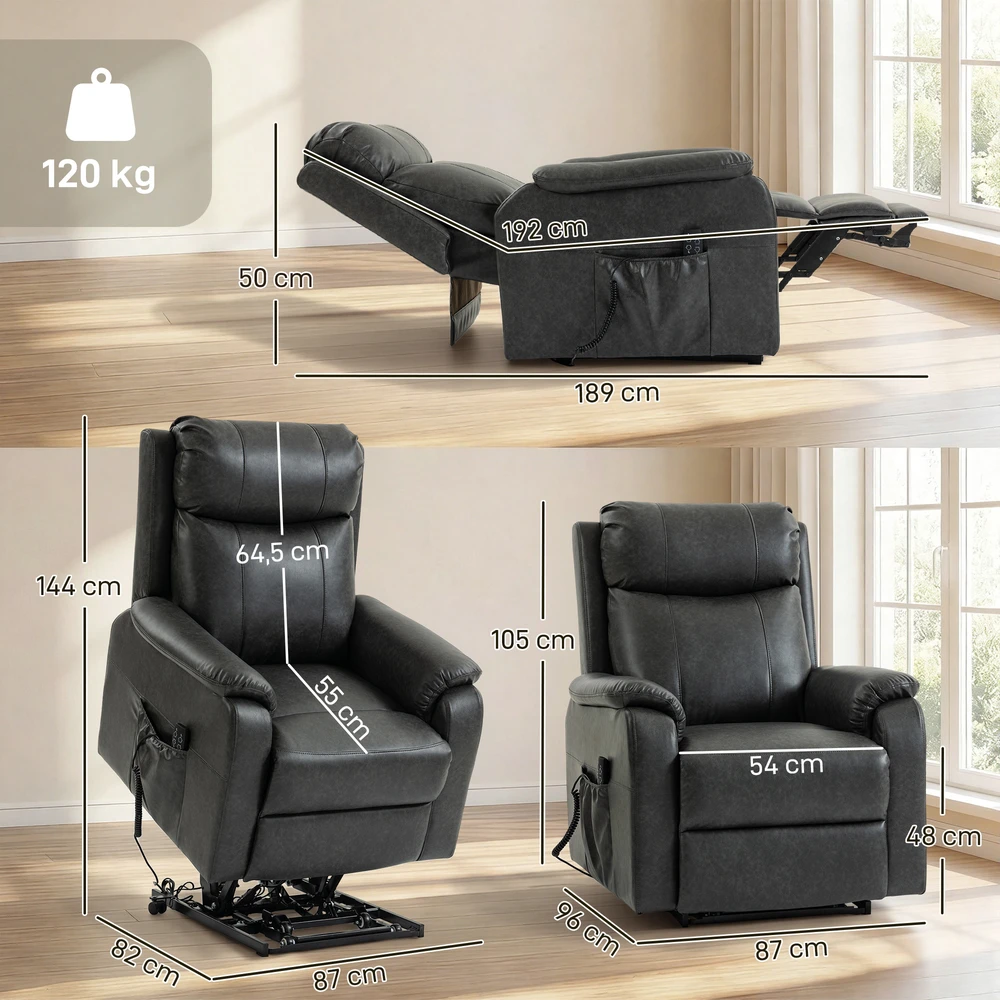 Fotelis Aosom Elektrinis pakeliamasis krėslas senjorams, juodas, dirbtinė oda, 120 kg
