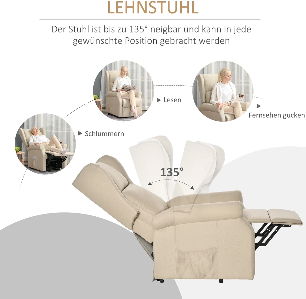 Aosom Elektrinis poilsio fotelis su atsistojimo pagalba, kreminės baltos spalvos, iki 200 kg, 74 x 94 x 111 cm