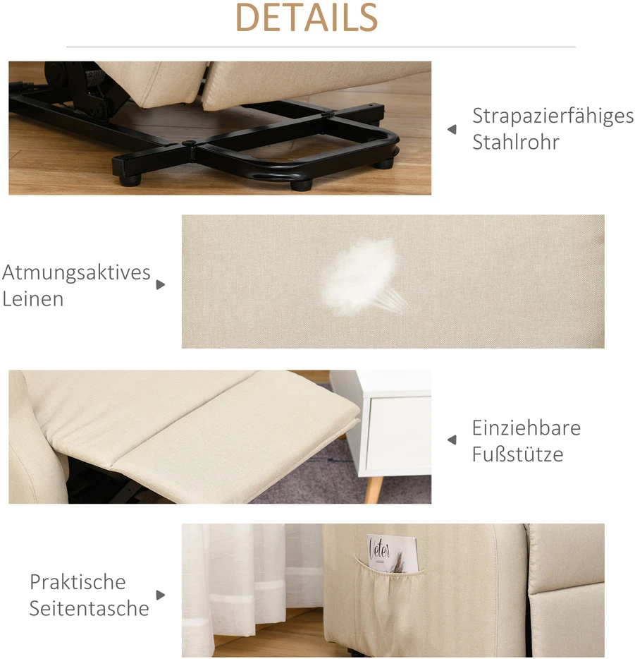 Aosom Elektrinis poilsio fotelis su atsistojimo pagalba, kreminės baltos spalvos, iki 200 kg, 74 x 94 x 111 cm