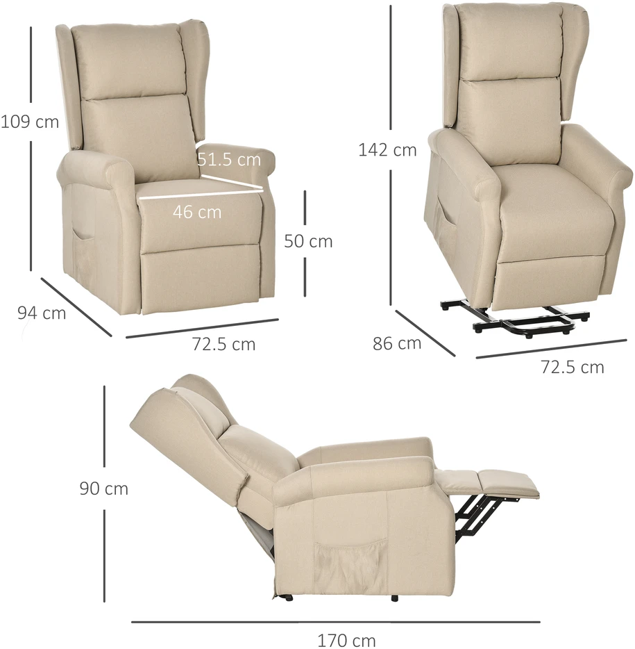 Aosom Elektrinis poilsio fotelis su atsistojimo pagalba, kreminės baltos spalvos, iki 200 kg, 74 x 94 x 111 cm