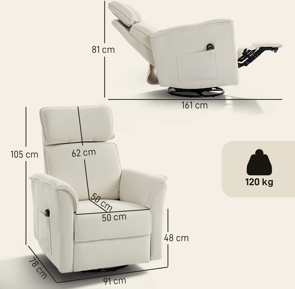 Fotelis Aosom Elektrinis poilsio krėslas su atlošimo funkcija, kreminė balta, 120 kg, 91 x 78 x 105 cm