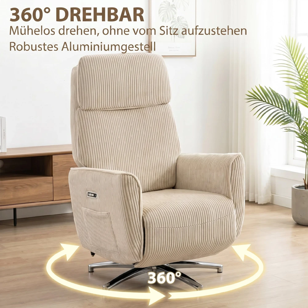 Fotelis Aosom Elektrinis reguliuojamas poilsio krėslas, 2 varikliai, sukamas 360°, kreminė balta