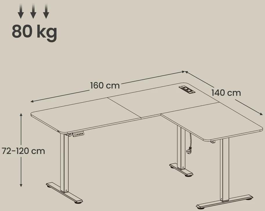 Koduva Elektrinis reguliuojamo aukščio kampinis rašomasis stalas, 160 x 140 cm, baltas