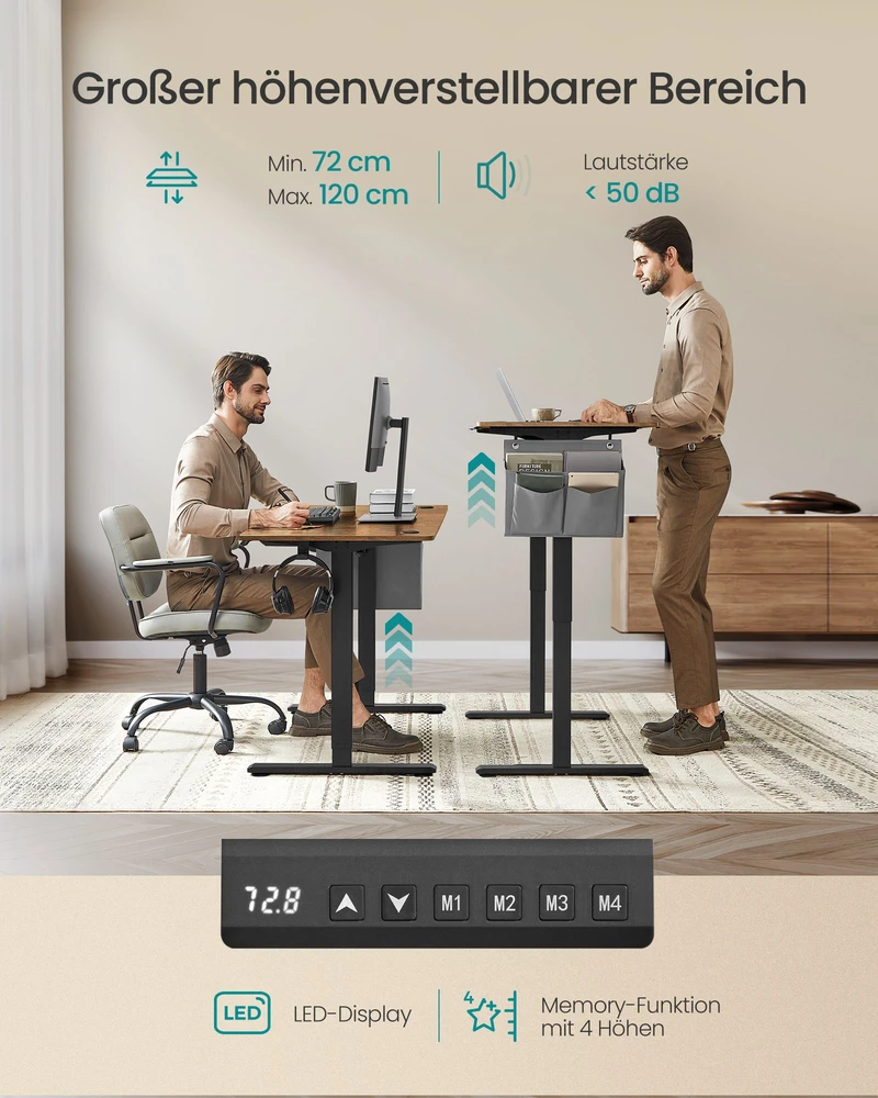 Koduva Elektrinis reguliuojamo aukščio rašomasis stalas, 60 x 140 x 72–120 cm, rudas/juodas