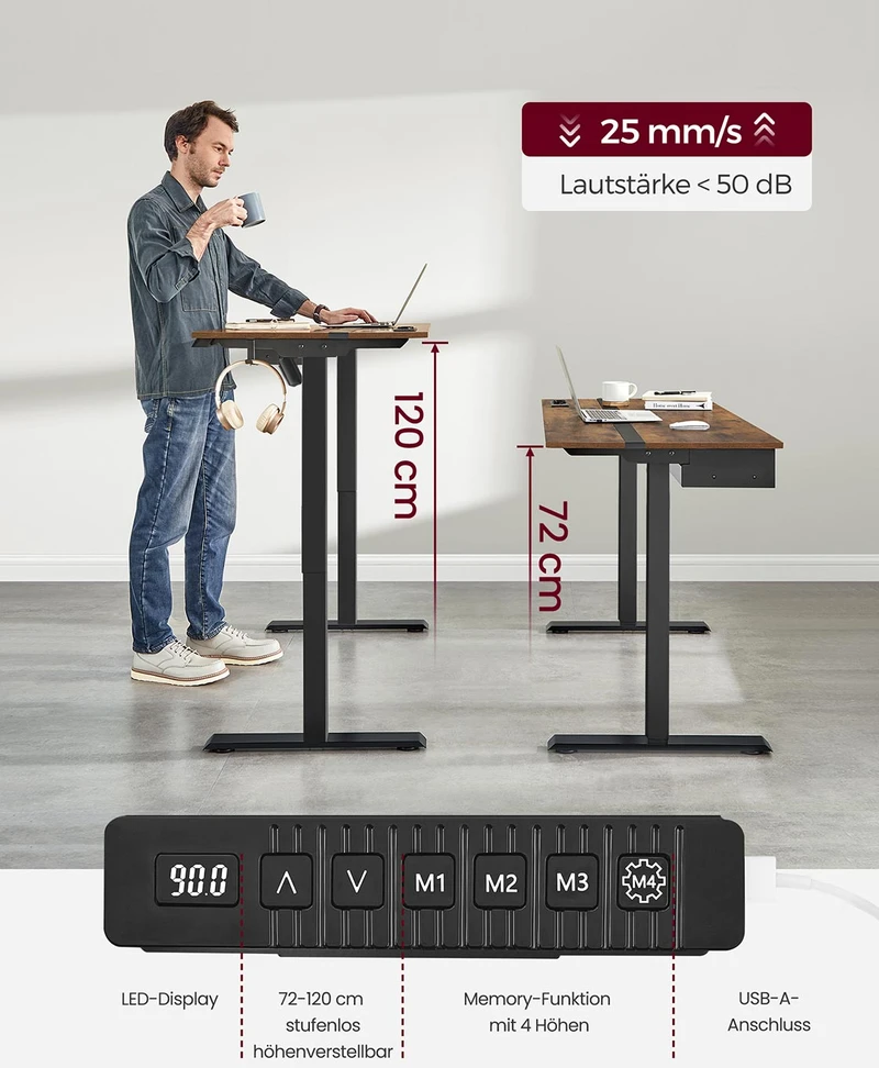 Koduva Elektrinis reguliuojamo aukščio rašomasis stalas su lizdu ir stalčiumi, 60 x 120 cm, baltas